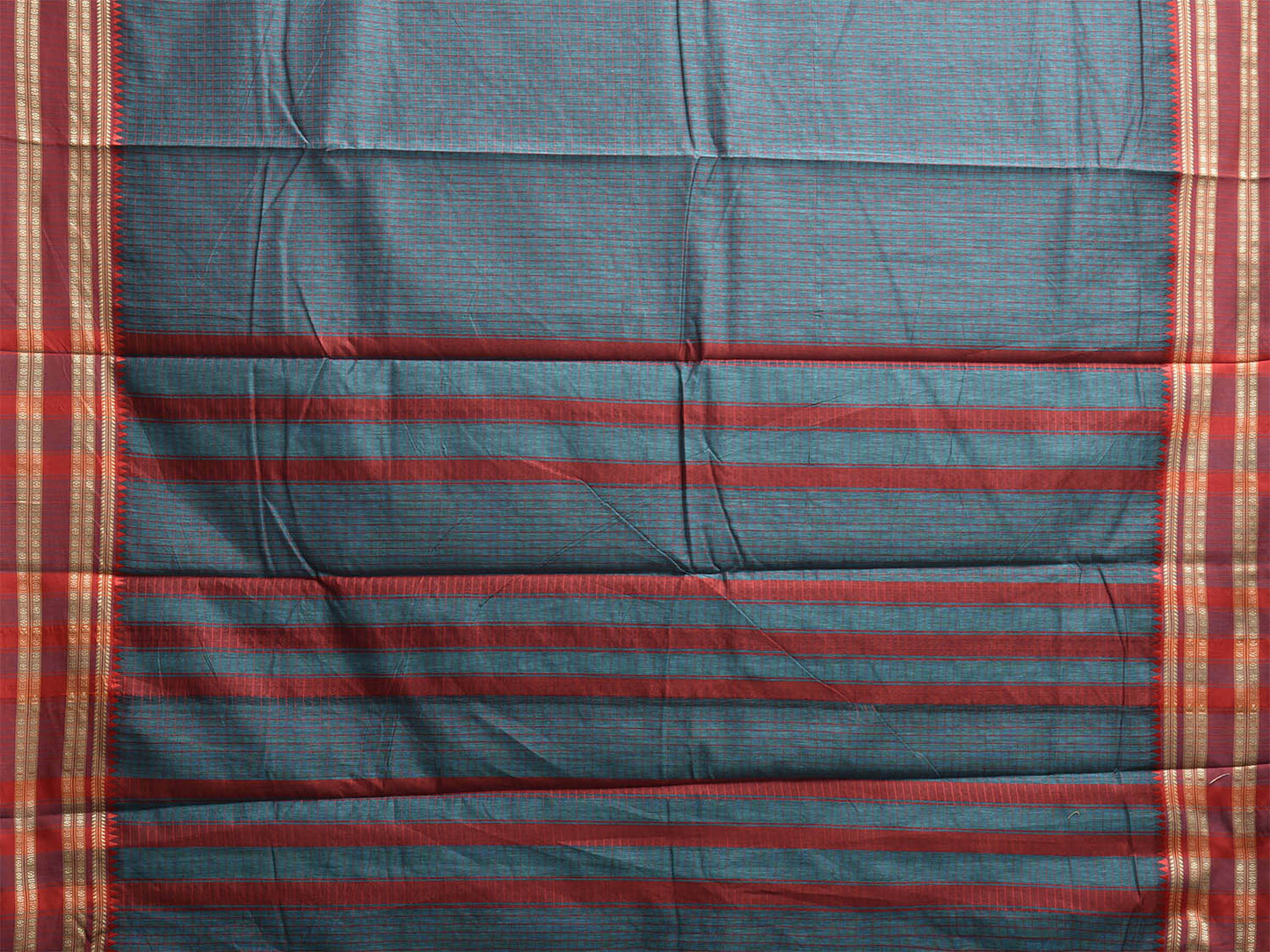 Teal and Red Bamboo Cotton Saree with Checks Design No Blouse bc0867