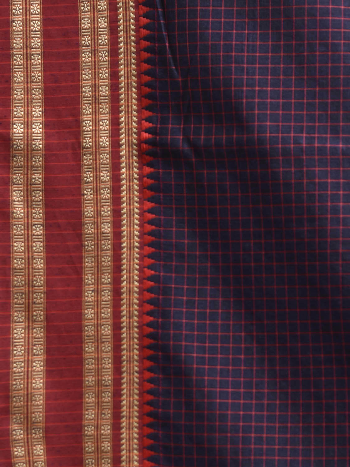 Navy and Red Bamboo Cotton Saree with Checks Design No Blouse bc0868
