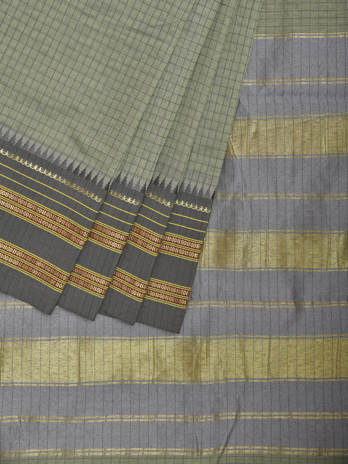 Sea Green and Light Grey Bamboo Cotton Viscose Silk Saree with Checks Design No Blouse bc0869