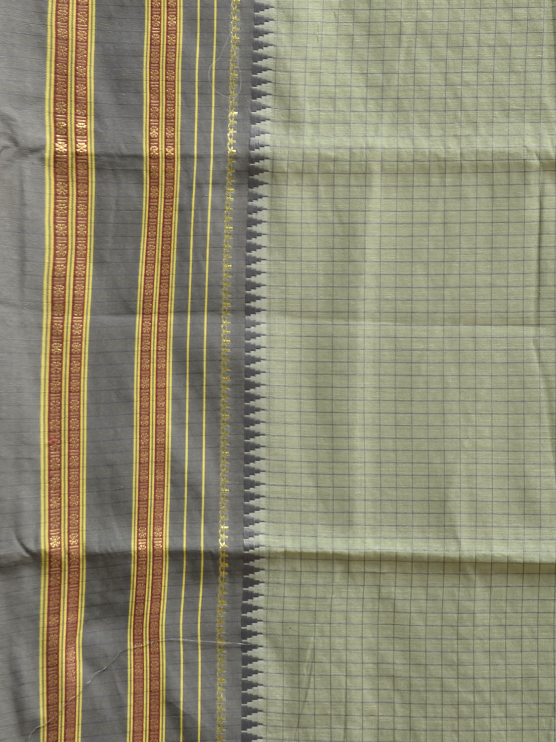 Sea Green and Light Grey Bamboo Cotton Viscose Silk Saree with Checks Design No Blouse bc0869