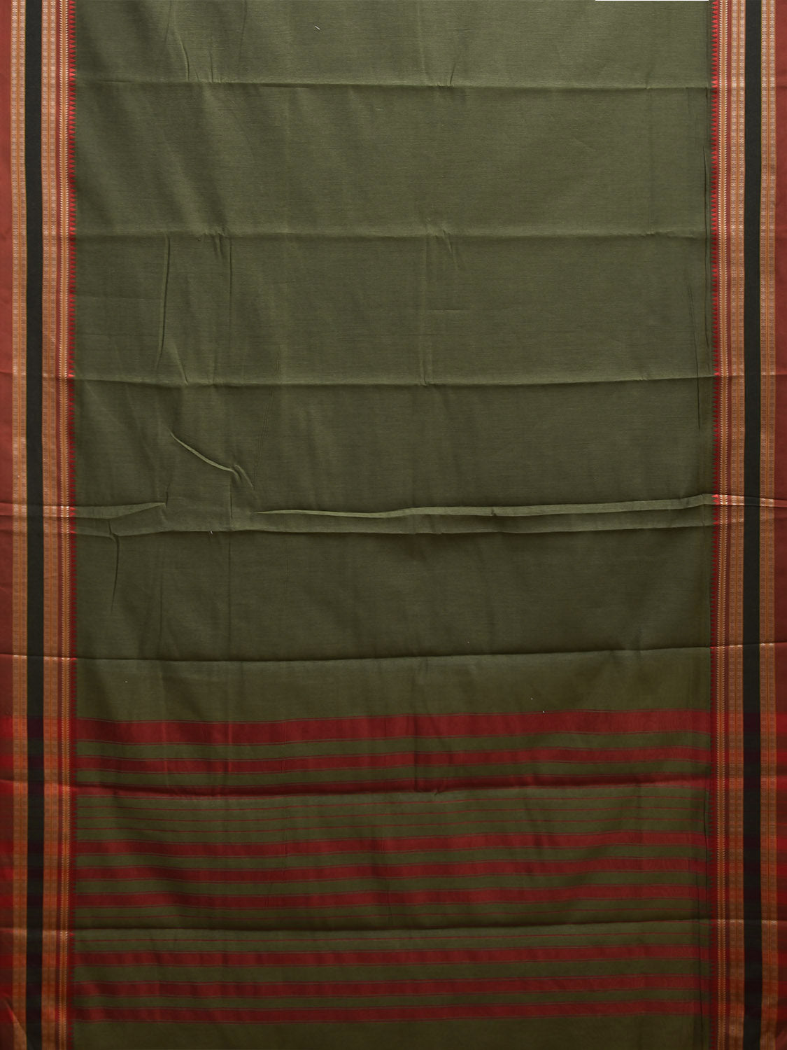 Olive and Red Bamboo Cotton Plain Saree with Strips Pallu Design No Blouse bc0871