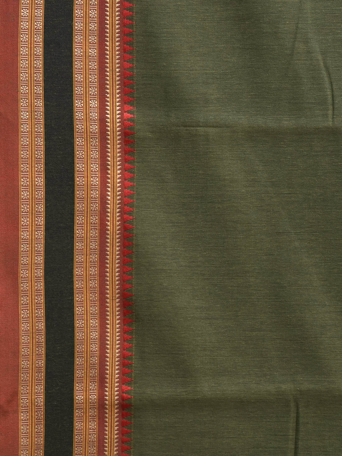 Olive and Red Bamboo Cotton Plain Saree with Strips Pallu Design No Blouse bc0871