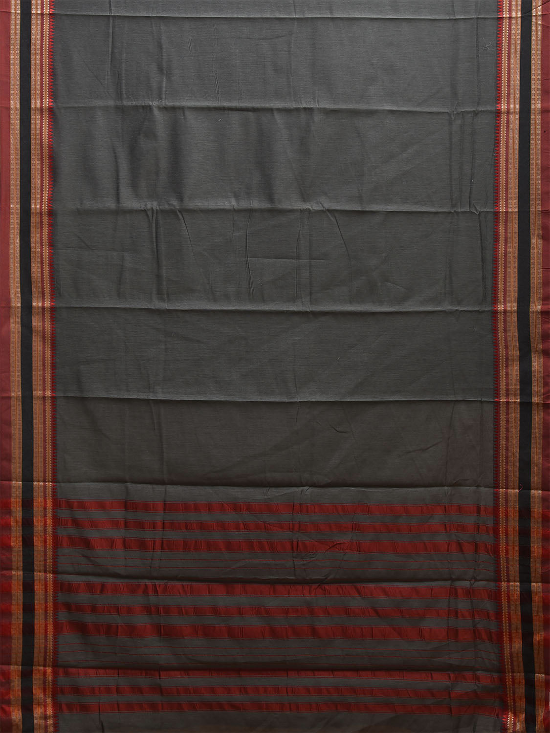 Grey and Red Bamboo Cotton Plain Saree with Strips Pallu Design No Blouse bc0876