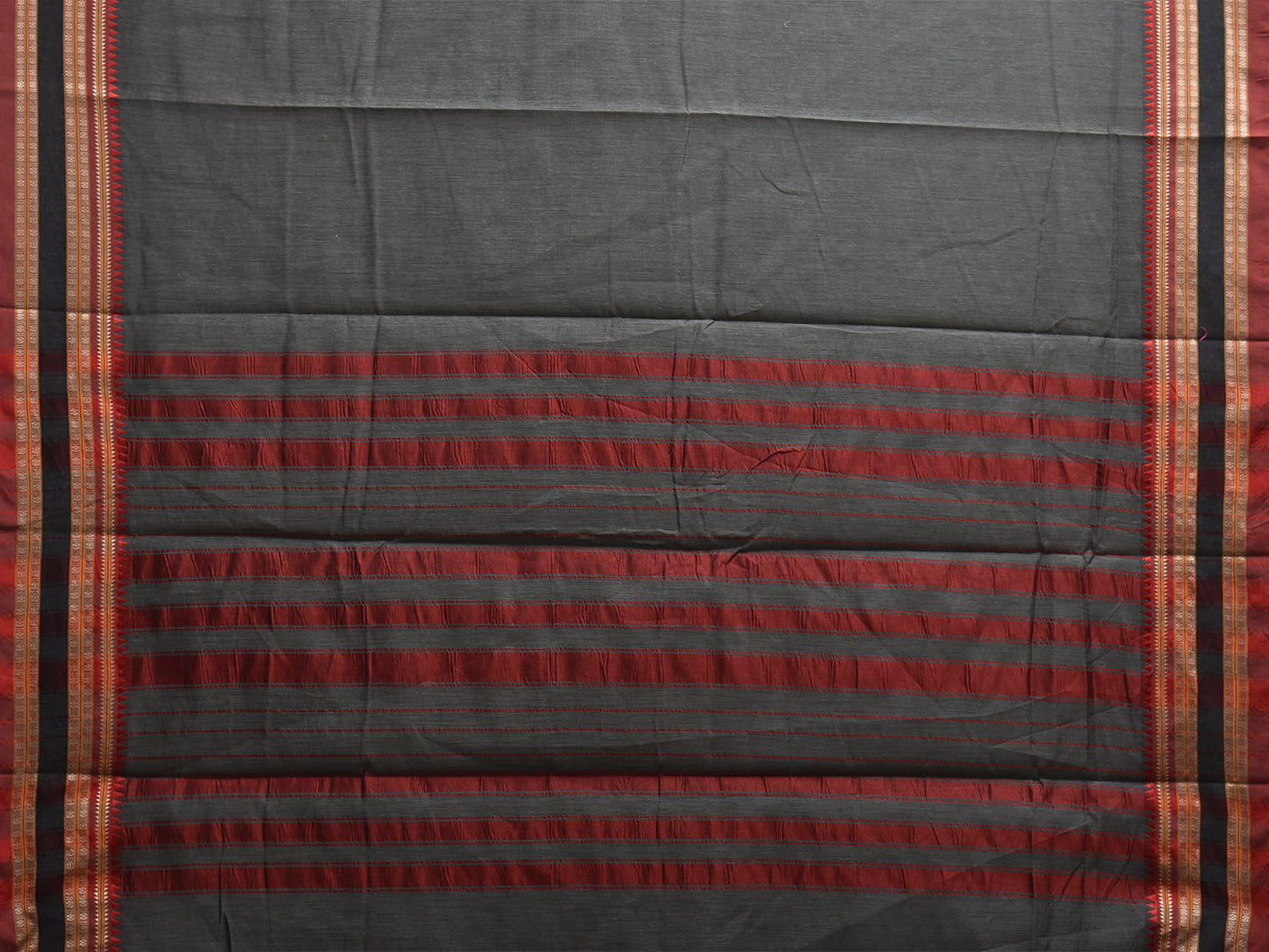 Grey and Red Bamboo Cotton Plain Saree with Strips Pallu Design No Blouse bc0876