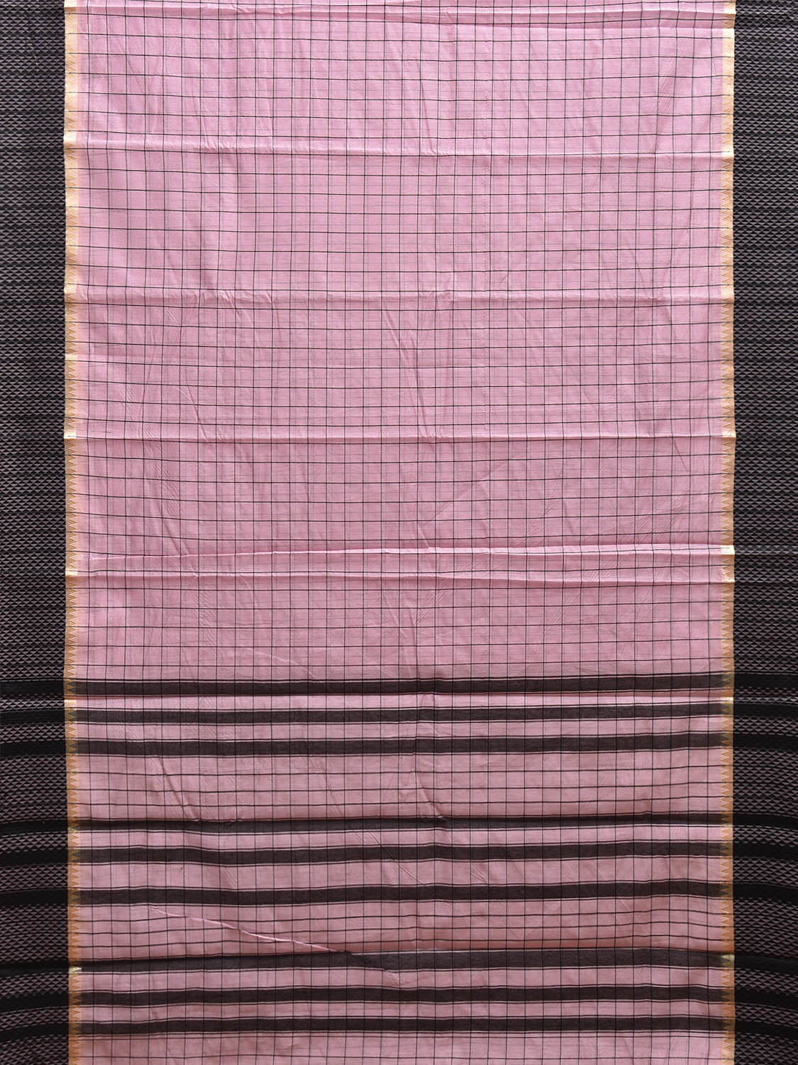Baby Pink and Black Bamboo Cotton Saree with Big Checks Design No Blouse bc0882