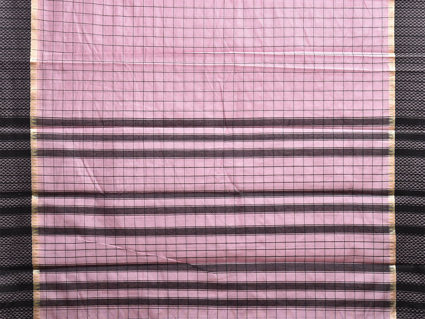 Baby Pink and Black Bamboo Cotton Saree with Big Checks Design No Blouse bc0882