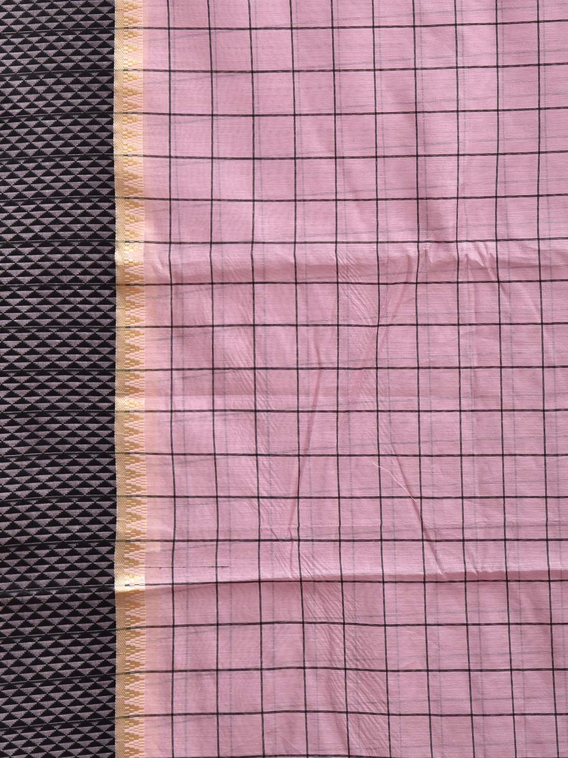 Baby Pink and Black Bamboo Cotton Saree with Big Checks Design No Blouse bc0882