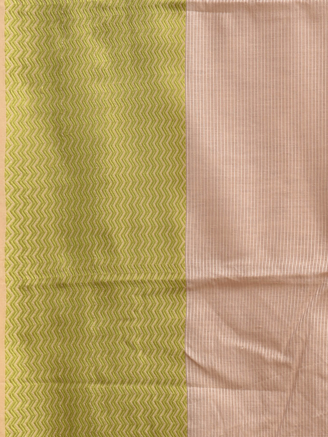 Cream and Olive Bamboo Cotton Saree with Strips Design No Blouse bc0887