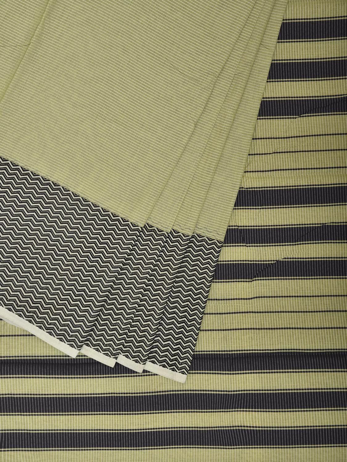 Light Green and Black Bamboo Cotton Saree with Strips Design No Blouse bc0888