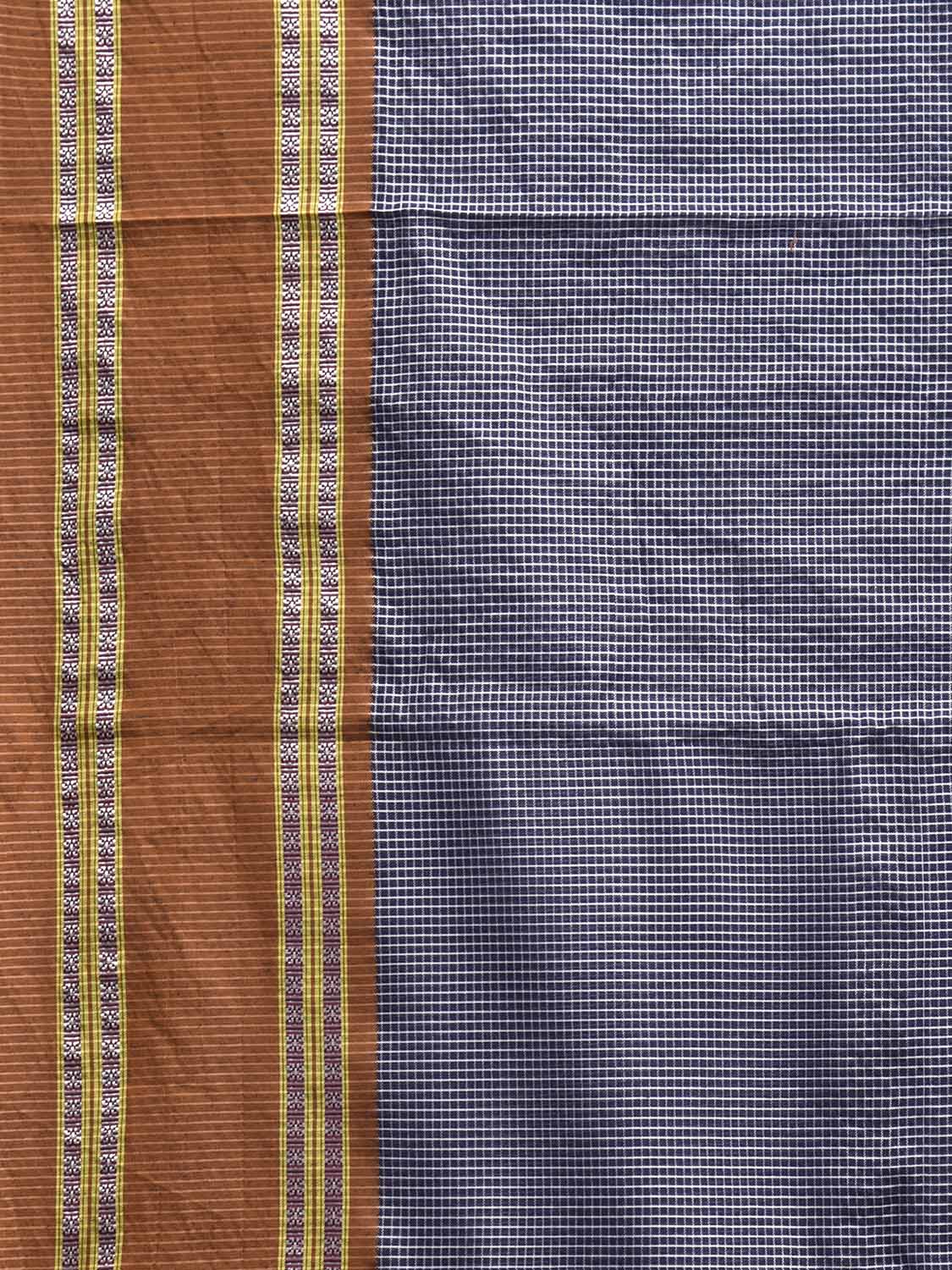 Dark Blue and Fawn Bamboo Cotton Saree with Small Checks Design No Blouse bc0895