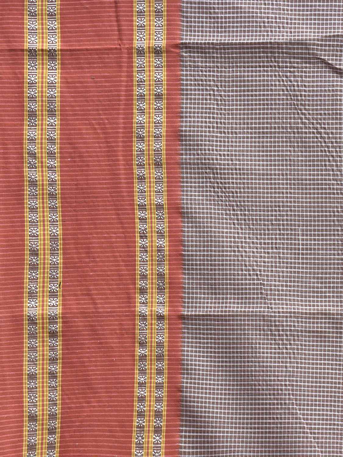 Light Brown and Peach Bamboo Cotton Saree with Small Checks Design No Blouse bc0897
