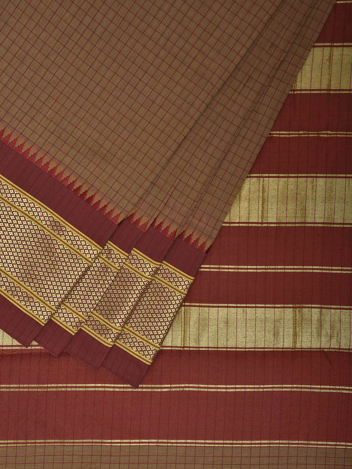 Fawn and Red Bamboo Cotton Saree with Checks Design No Blouse bc0904