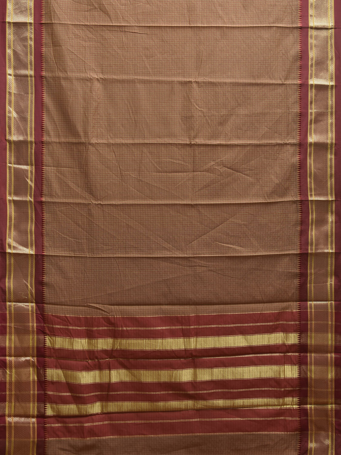 Fawn and Red Bamboo Cotton Saree with Checks Design No Blouse bc0904