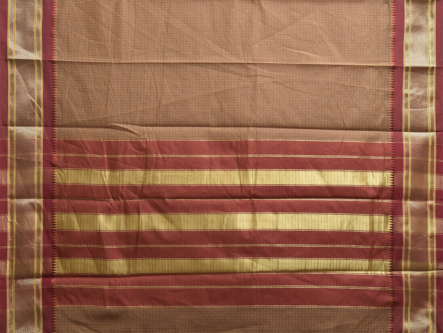 Fawn and Red Bamboo Cotton Saree with Checks Design No Blouse bc0904