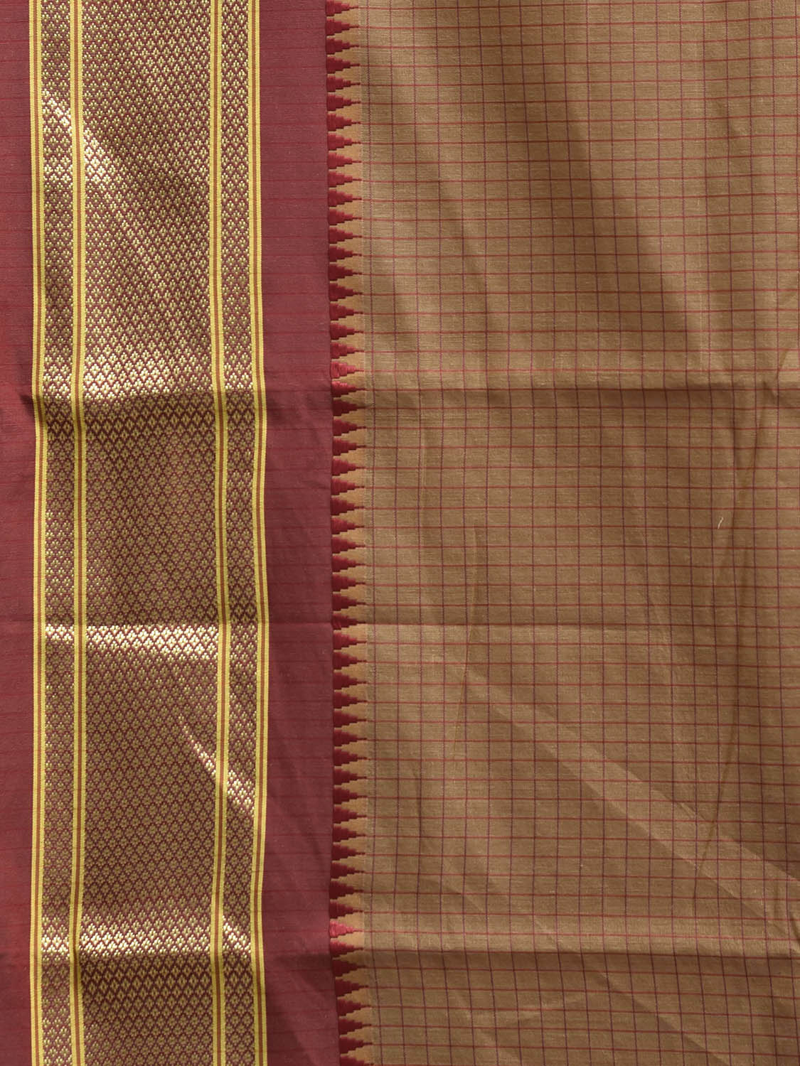 Fawn and Red Bamboo Cotton Saree with Checks Design No Blouse bc0904