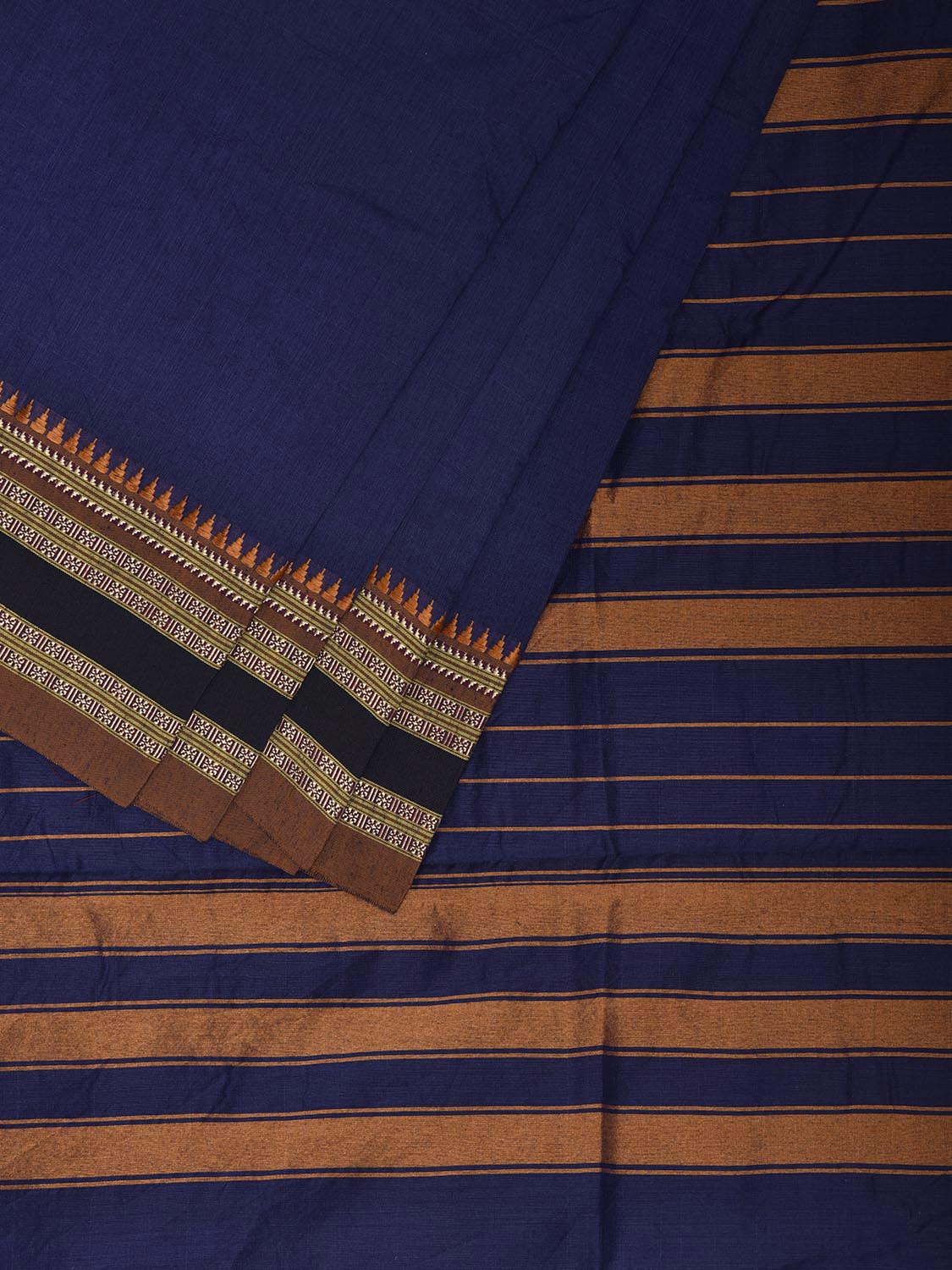 Blue and Mustard Bamboo Cotton Plain Saree with Strips Pallu Design No Blouse bc0929