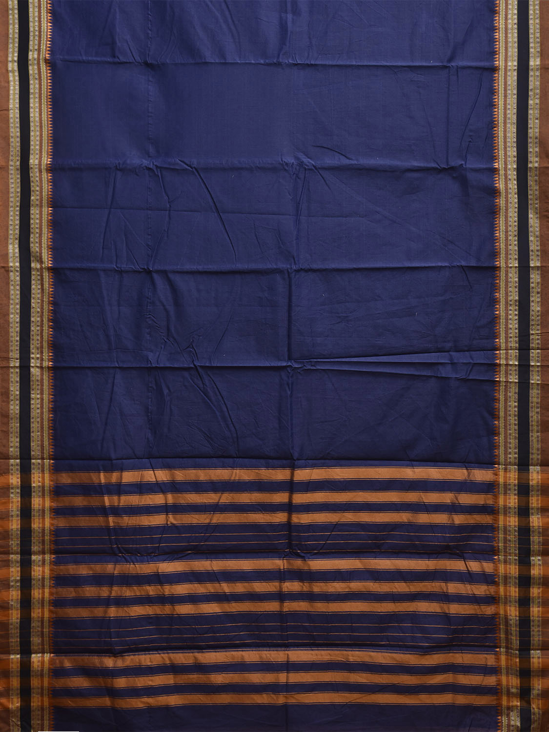 Blue and Mustard Bamboo Cotton Plain Saree with Strips Pallu Design No Blouse bc0929