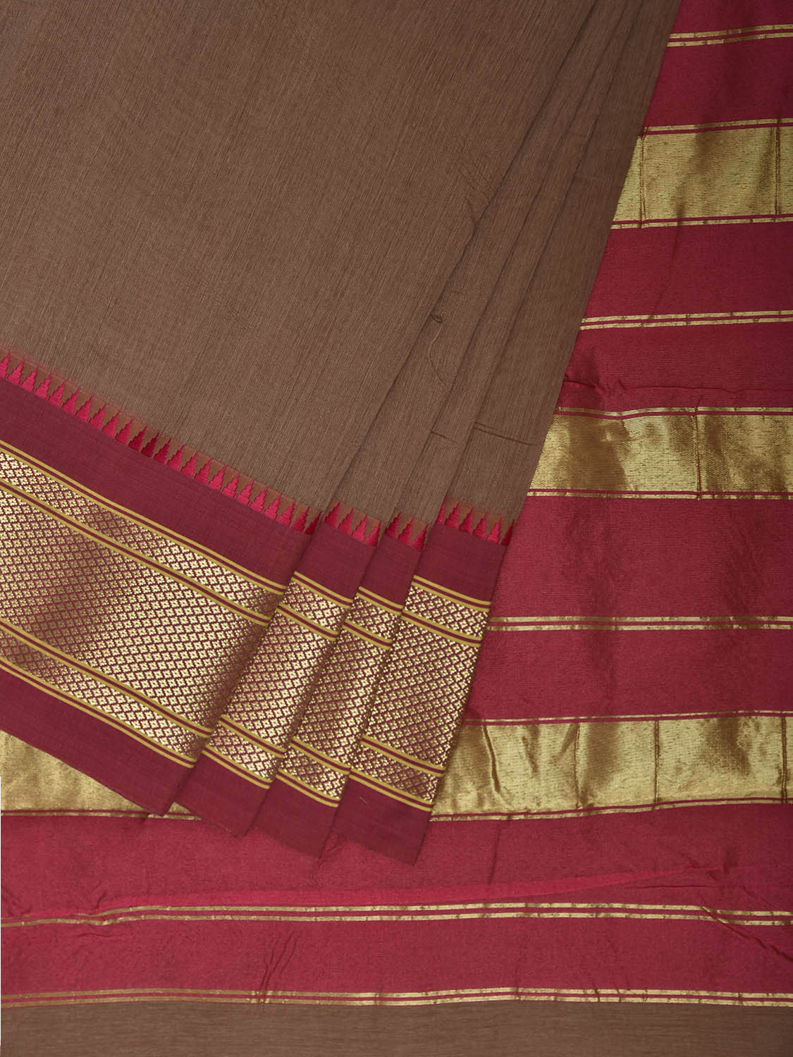 Fawn and Maroon Bamboo Cotton Plain Saree with Contrast Pallu Design No Blouse bc0932