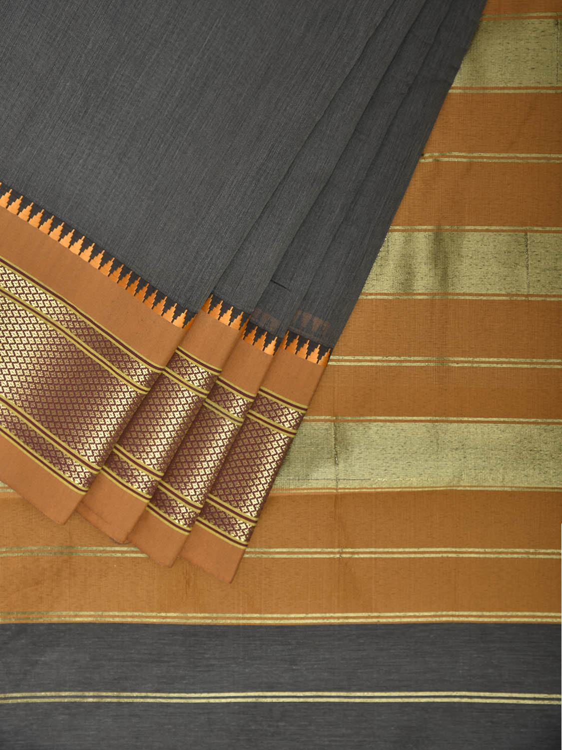 Dark Grey and Mustard Bamboo Cotton Plain Saree with Contrast Pallu Design No Blouse bc0933