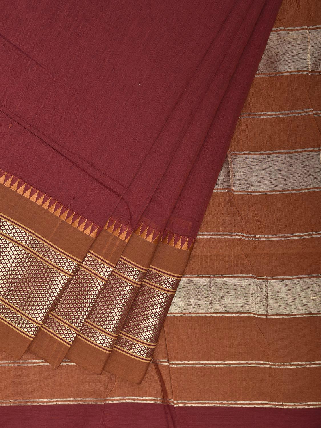 Maroon and Fawn Bamboo Cotton Plain Saree with Contrast Pallu Design No Blouse bc0934