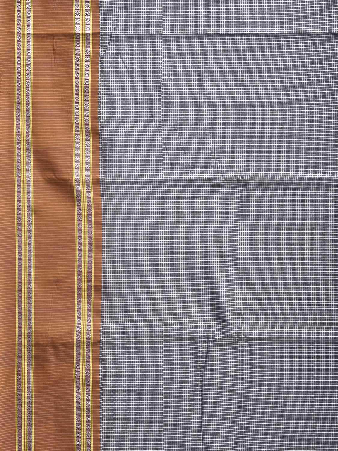 Grey and Fawn Bamboo Cotton Saree with Small Checks Design No Blouse bc0936