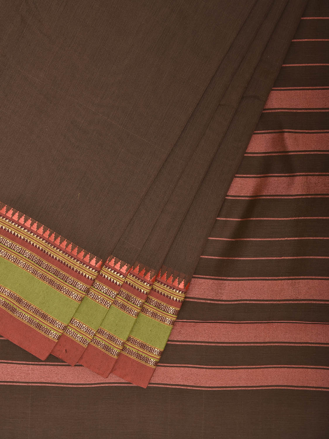 Dark Khaki and Peach Bamboo Cotton Plain Saree with Strips Pallu Design No Blouse bc0941