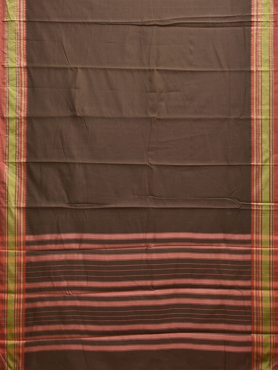 Dark Khaki and Peach Bamboo Cotton Plain Saree with Strips Pallu Design No Blouse bc0941