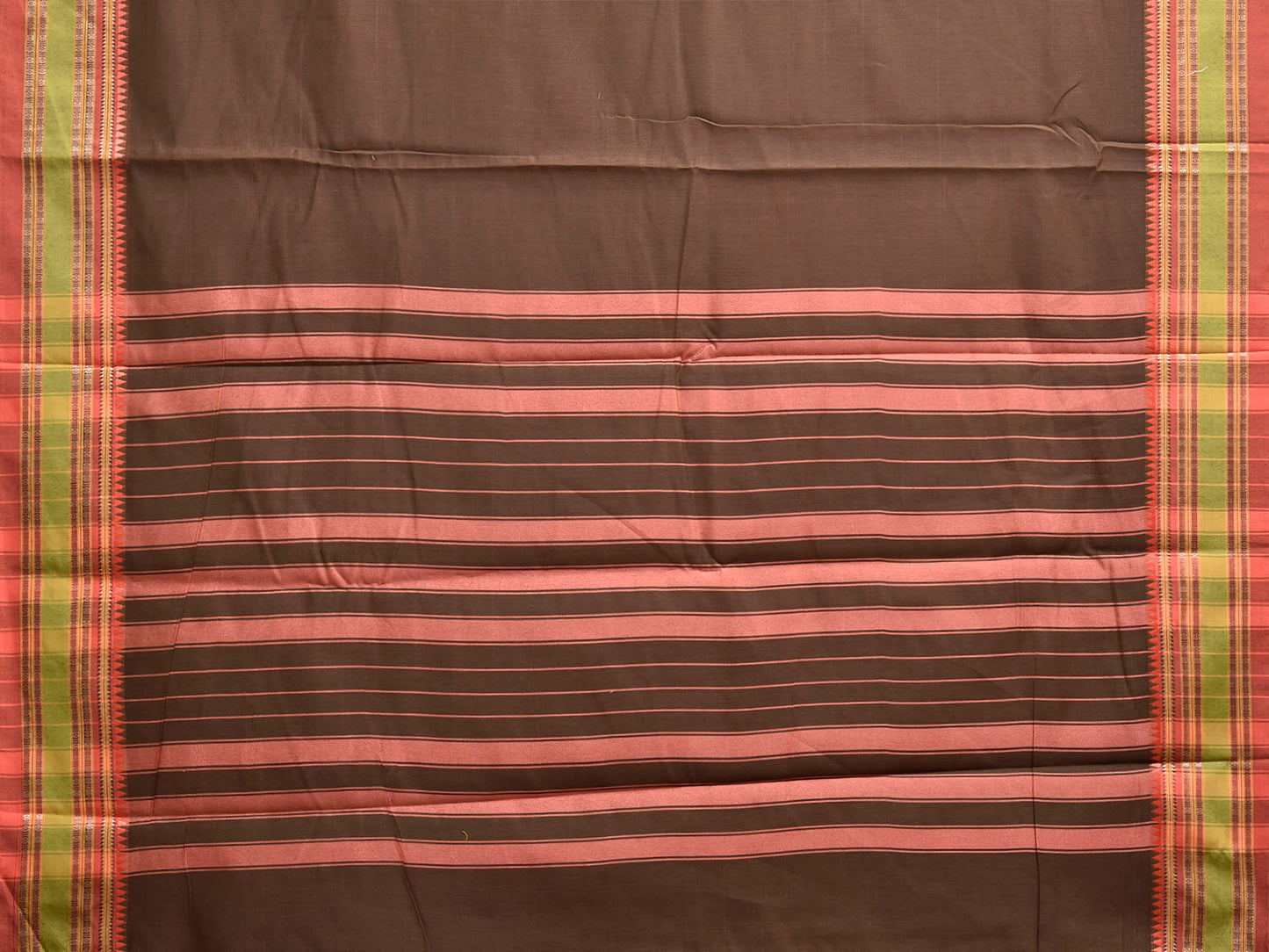 Dark Khaki and Peach Bamboo Cotton Plain Saree with Strips Pallu Design No Blouse bc0941