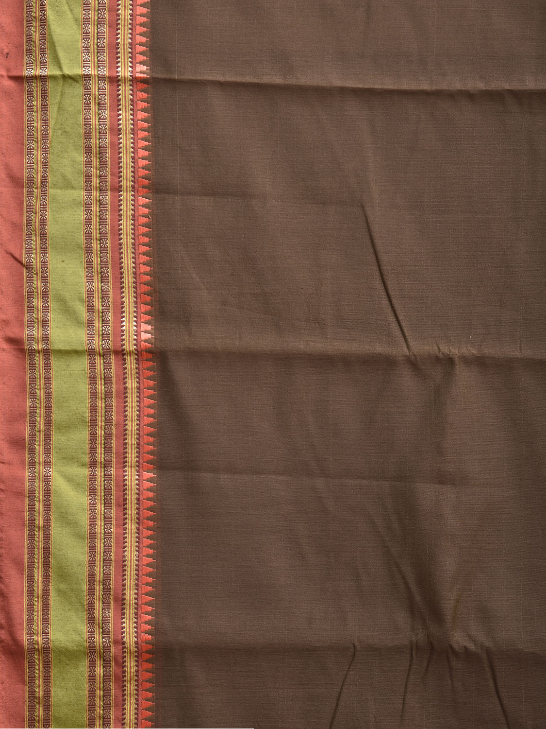 Dark Khaki and Peach Bamboo Cotton Plain Saree with Strips Pallu Design No Blouse bc0941