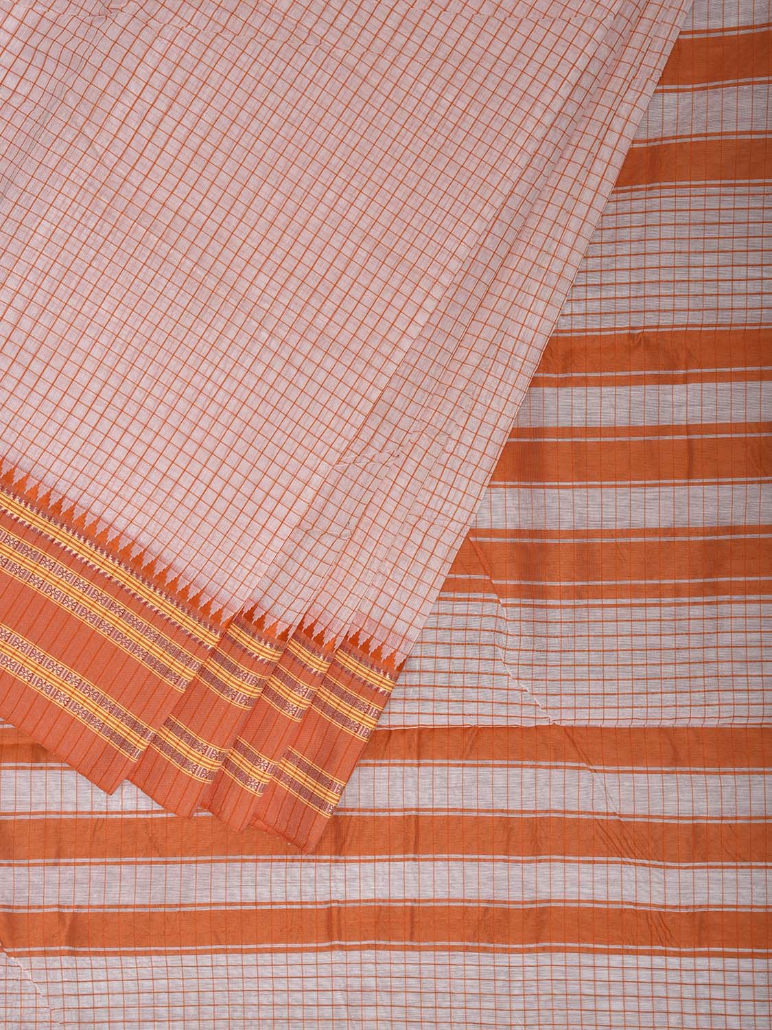 White and Orange Bamboo Cotton Saree with Checks Design No Blouse bc0943