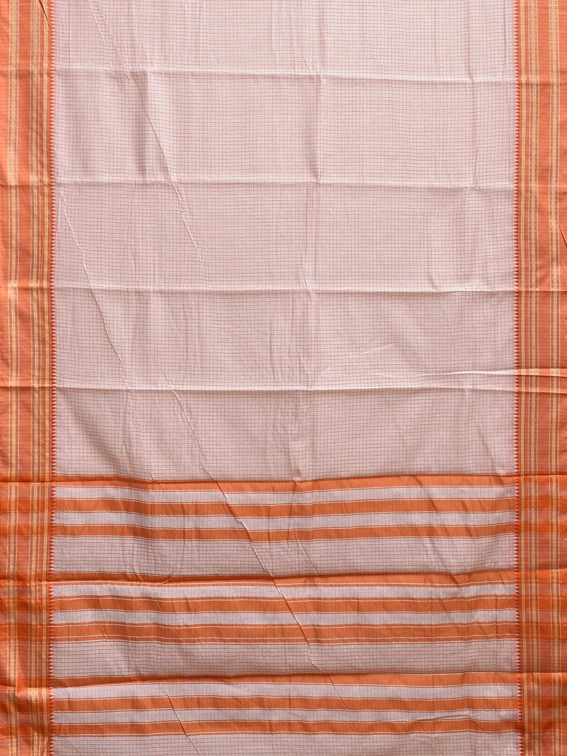 White and Orange Bamboo Cotton Saree with Checks Design No Blouse bc0943
