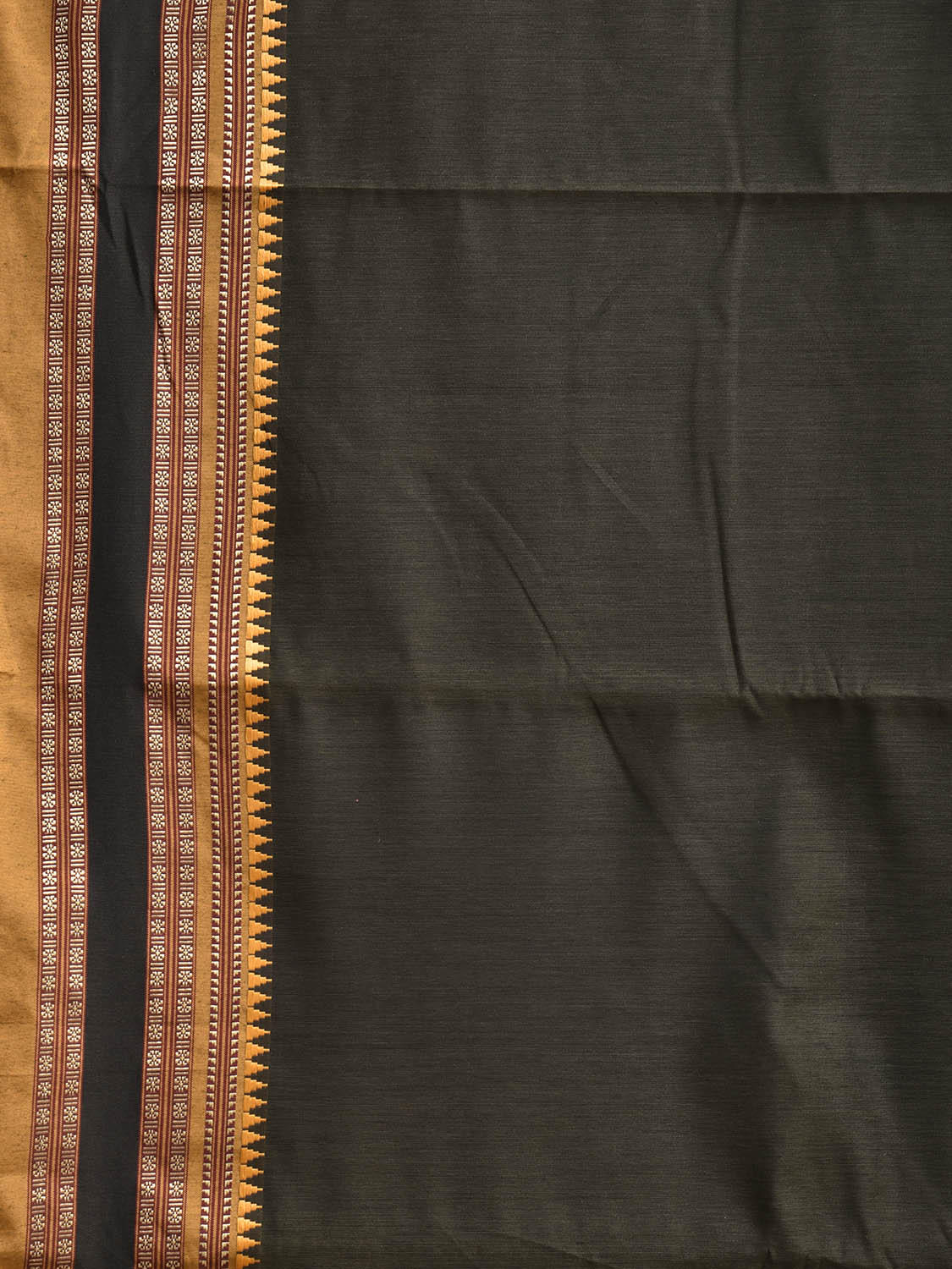 Dark Olive and Mustard Bamboo Cotton Plain Saree with Strips Pallu Design No Blouse bc0948
