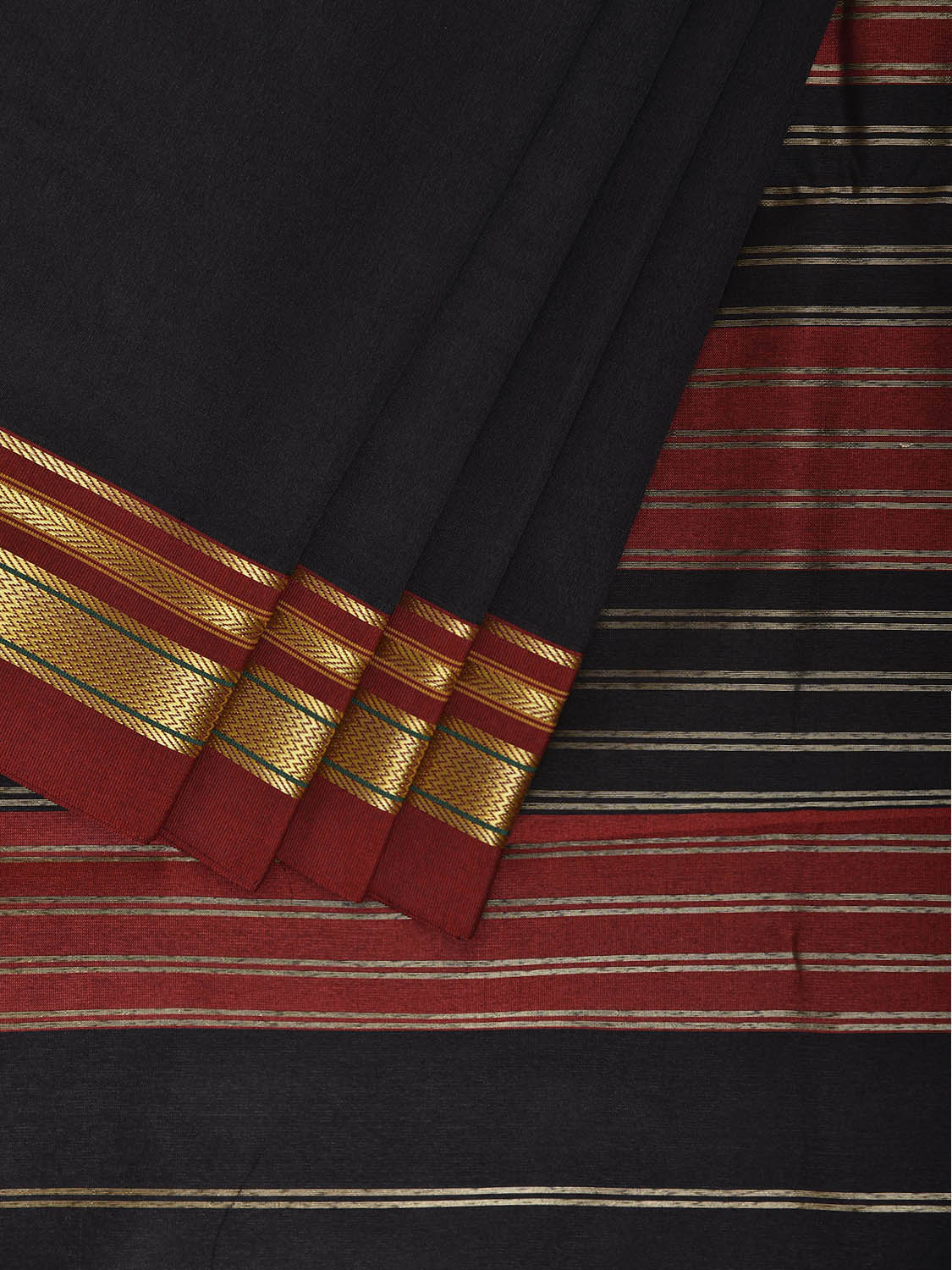 Black and Red Bamboo Cotton Viscose Silk Plain Saree with Strips Pallu Design No Blouse bc0950
