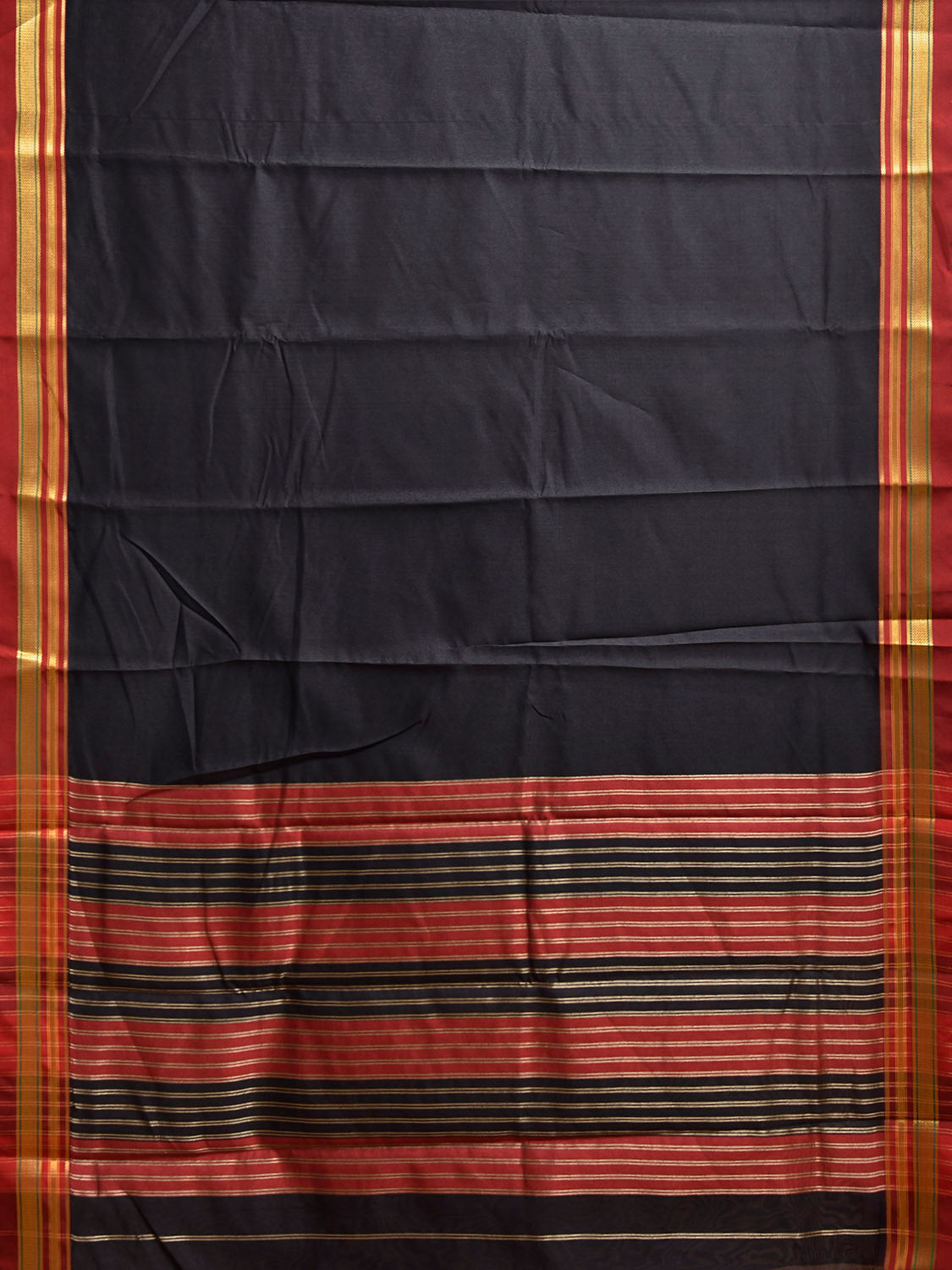 Black and Red Bamboo Cotton Viscose Silk Plain Saree with Strips Pallu Design No Blouse bc0950
