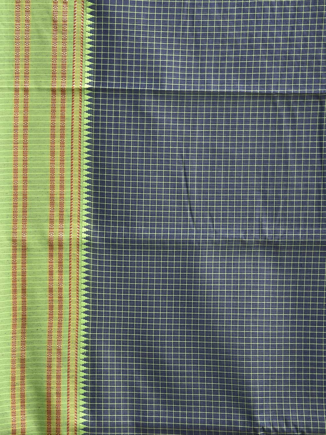 Light Teal and Light Green Bamboo Cotton Saree with Checks Design No Blouse bc0954