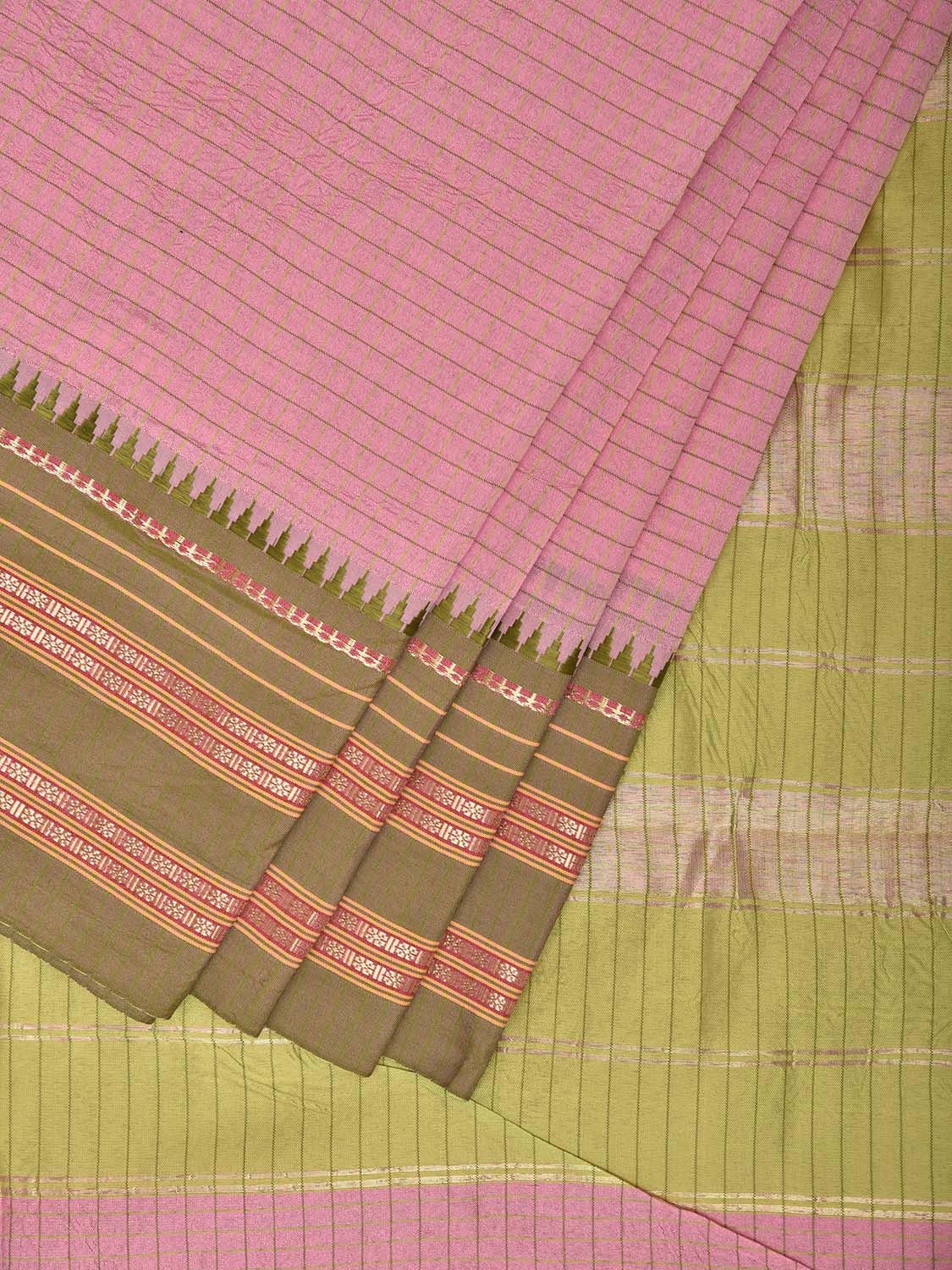 Baby Pink and Green Bamboo Cotton Viscose Silk Plain Saree with Checks Design No Blouse bc0960