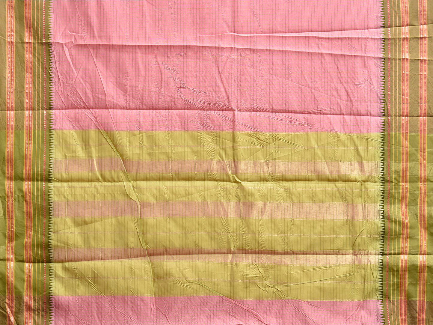 Baby Pink and Green Bamboo Cotton Viscose Silk Plain Saree with Checks Design No Blouse bc0960