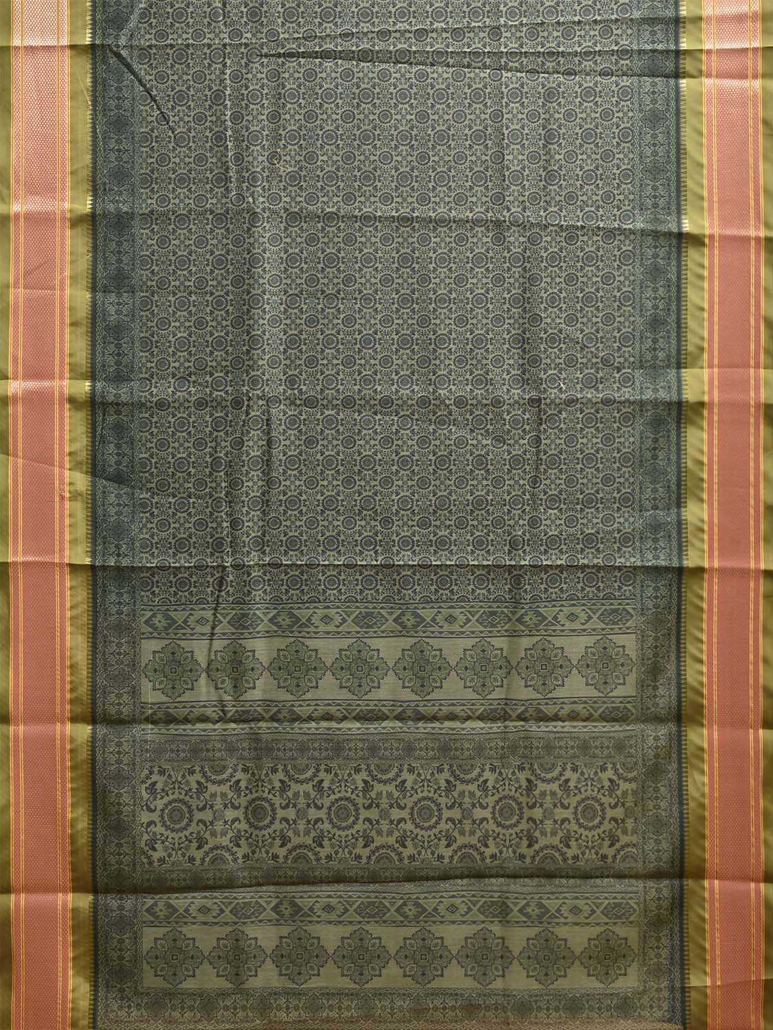 Green and Olive Bamboo Cotton Saree with Digital Print Design bc0965