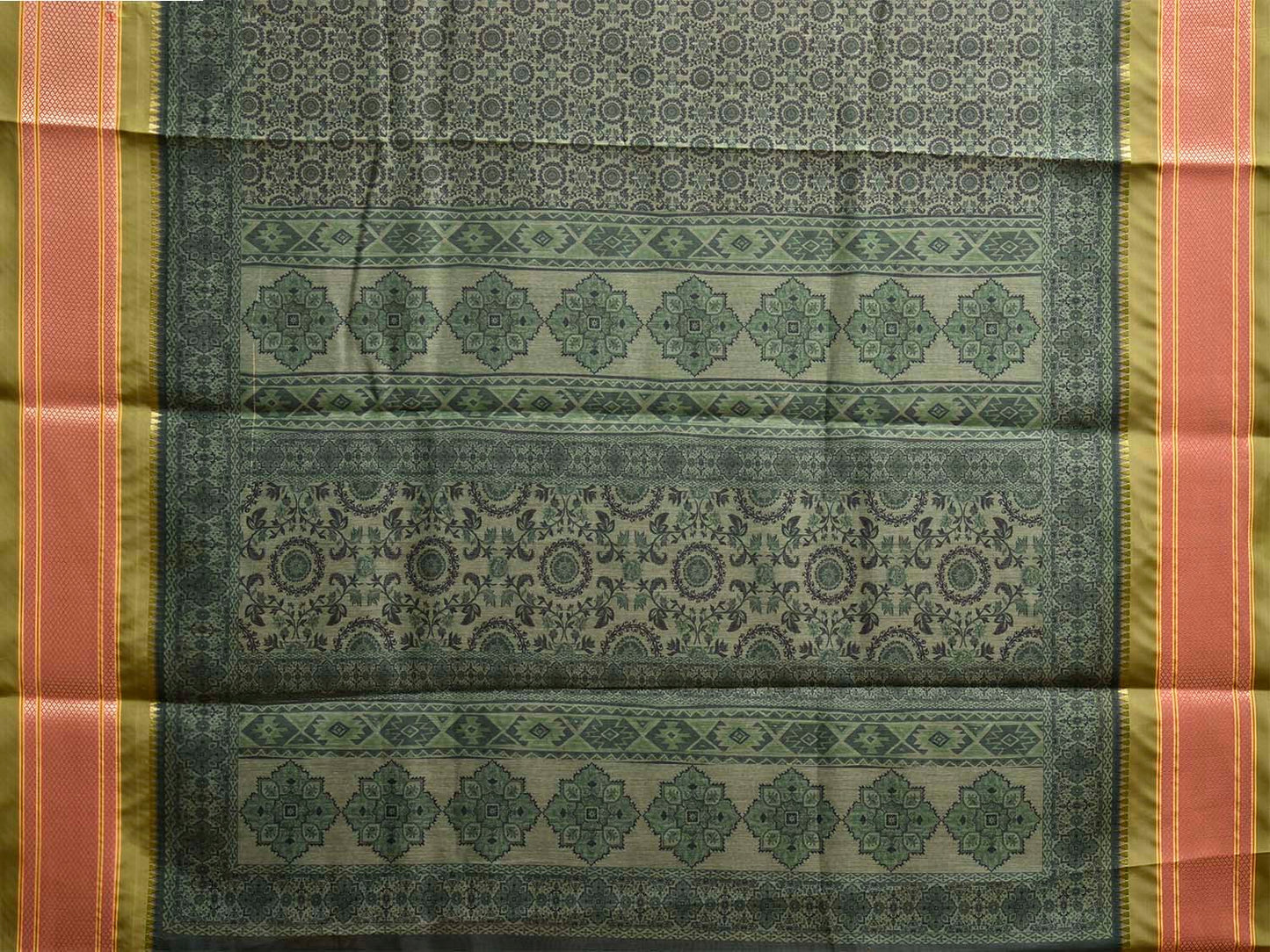 Green and Olive Bamboo Cotton Saree with Digital Print Design bc0965