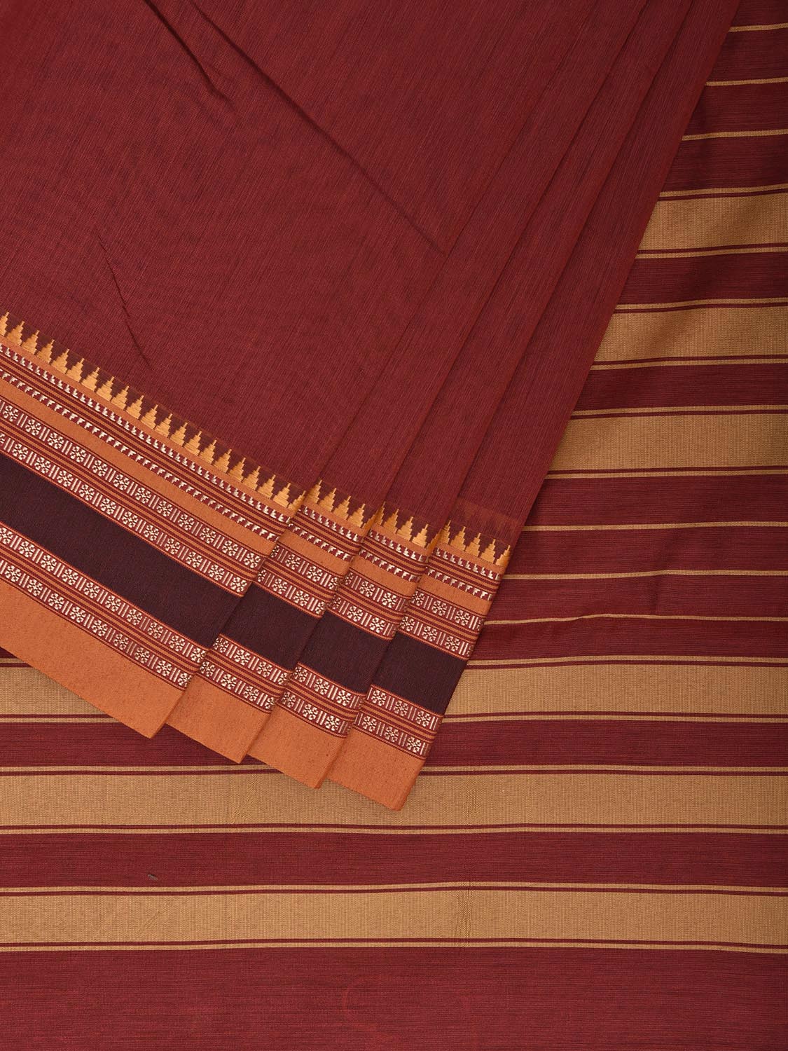 Dark Red and Mustard Bamboo Cotton Plain Saree with Strips Pallu Design No Blouse bc0979