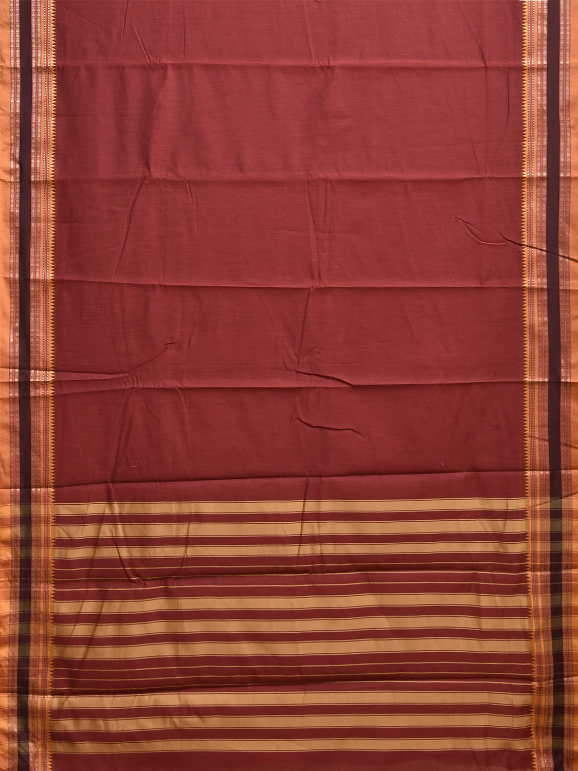 Dark Red and Mustard Bamboo Cotton Plain Saree with Strips Pallu Design No Blouse bc0979