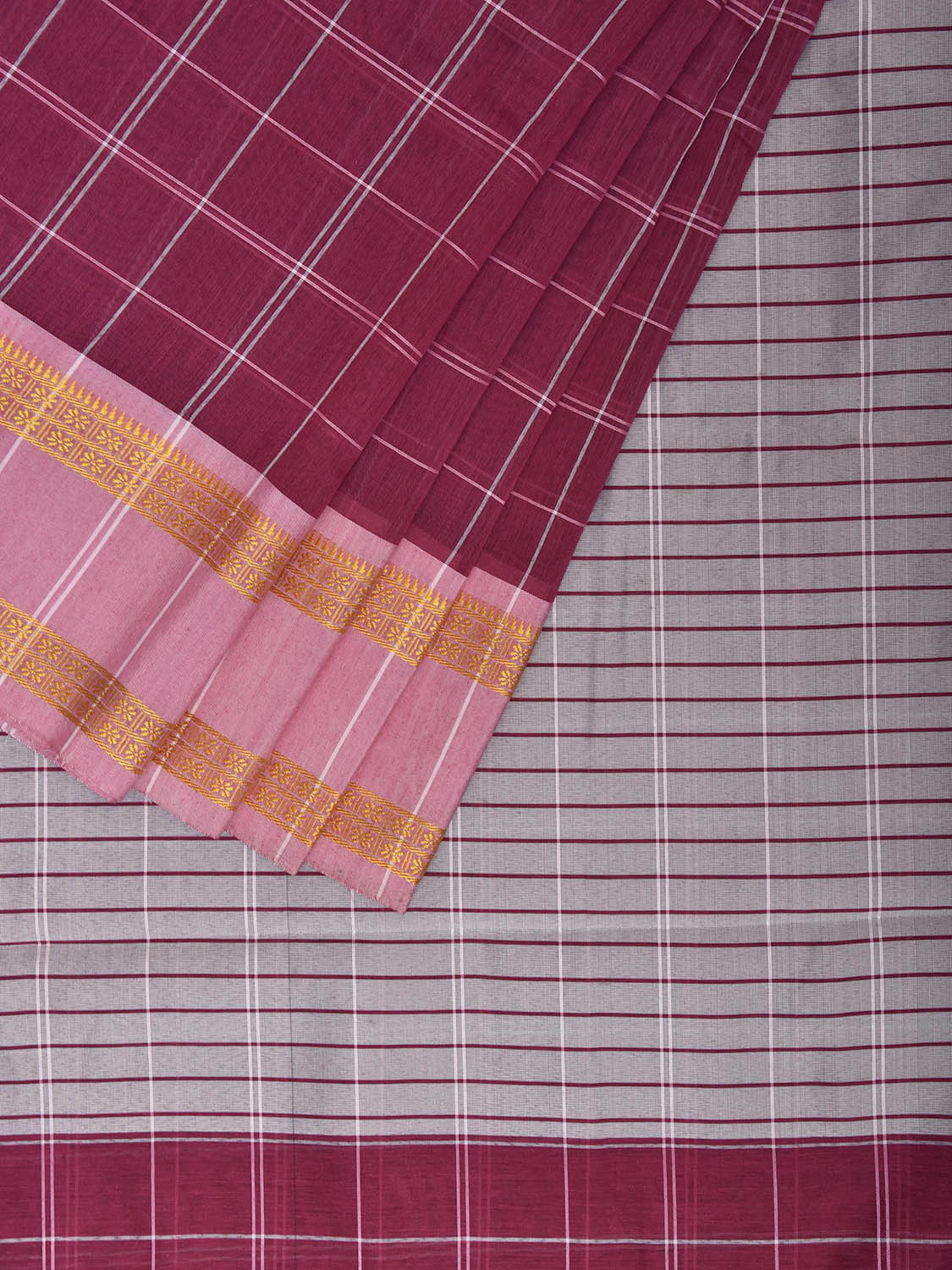 Magenta and White Bamboo Cotton Saree with Big Checks Design No Blouse bc0981