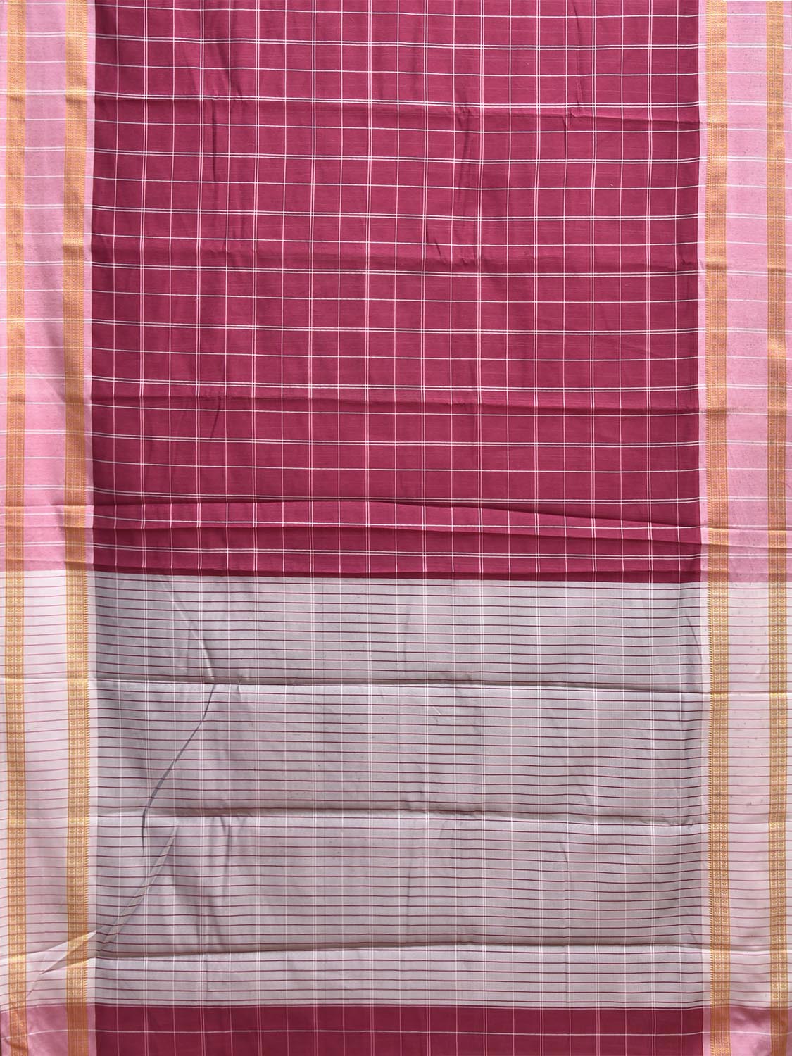 Magenta and White Bamboo Cotton Saree with Big Checks Design No Blouse bc0981