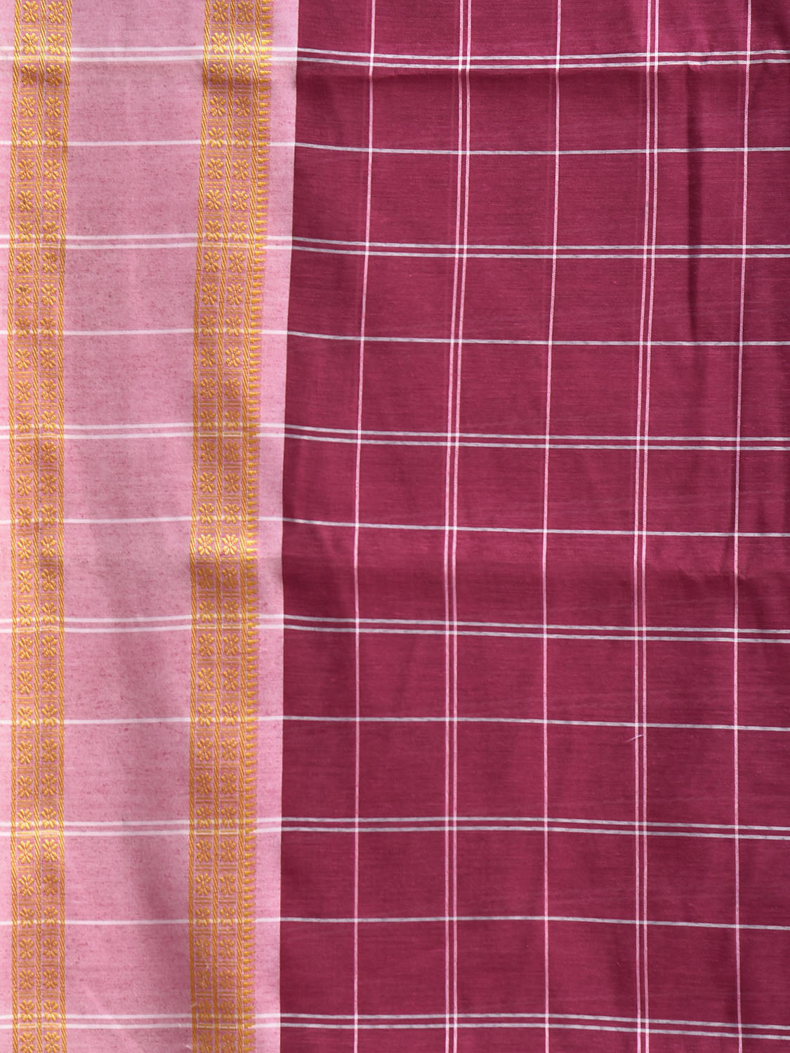 Magenta and White Bamboo Cotton Saree with Big Checks Design No Blouse bc0981