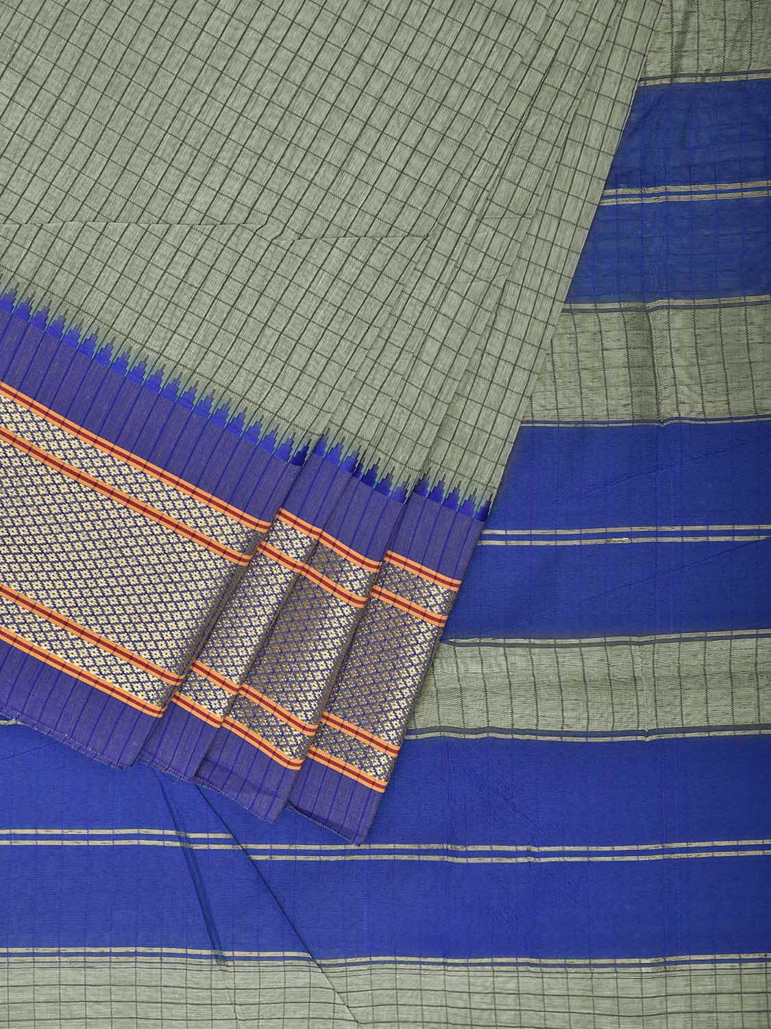 Sea Green and Blue Bamboo Cotton Saree with Checks Design No Blouse bc0990