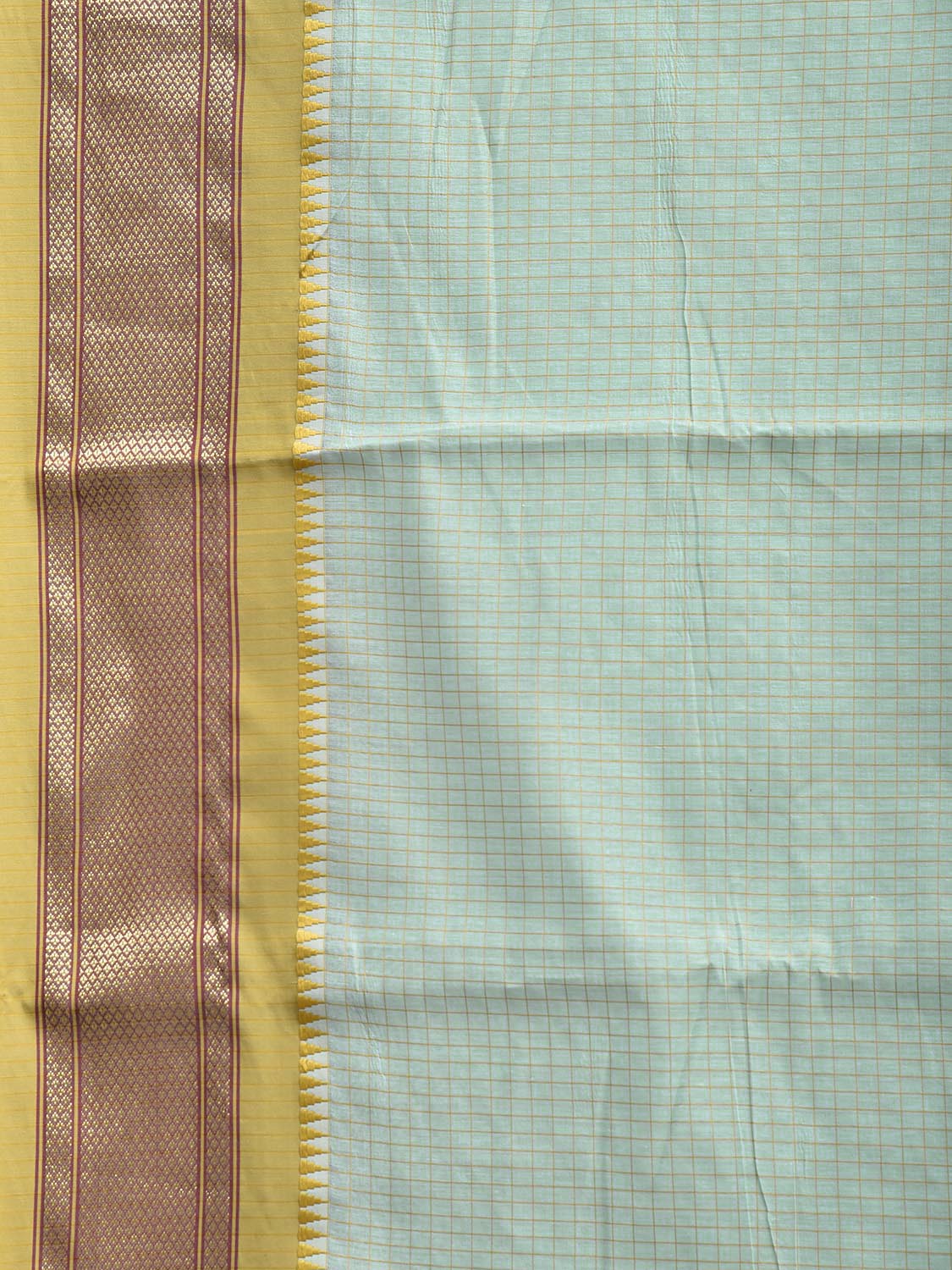 Light Turquoise and Olive Bamboo Cotton Saree with Checks Design No Blouse bc0991