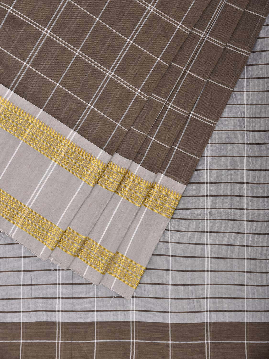 Light Brown and White Bamboo Cotton Saree with Big Checks Design No Blouse bc1001