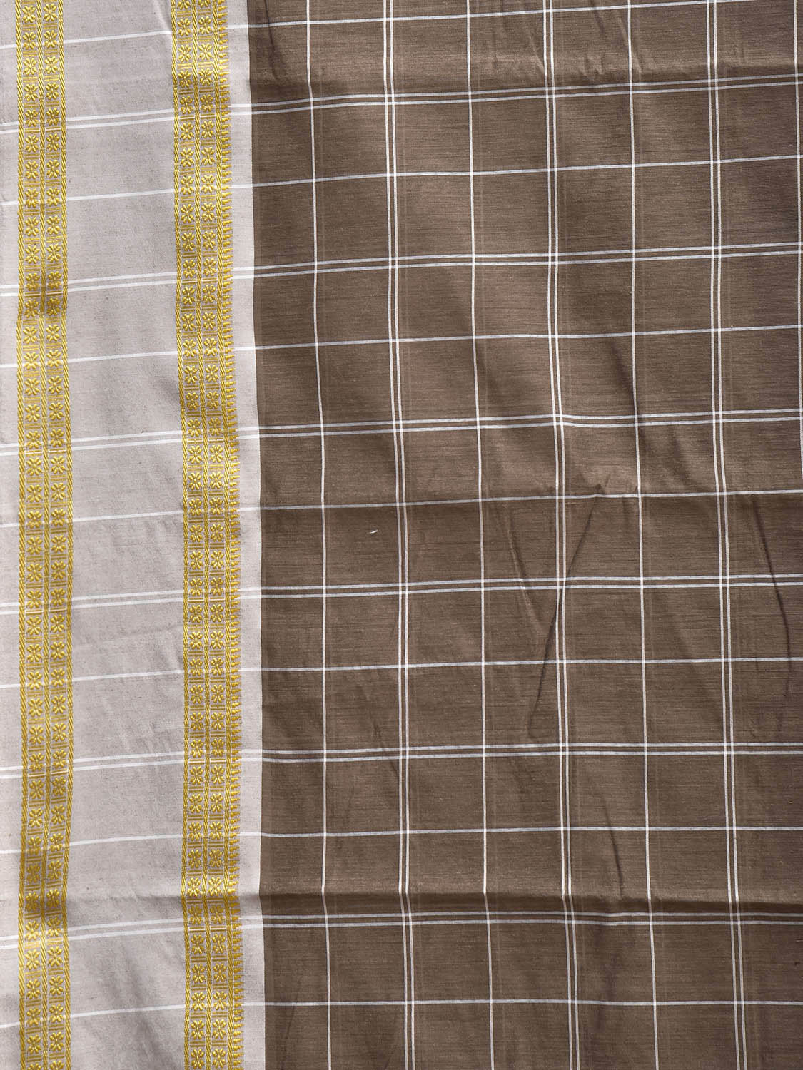 Light Brown and White Bamboo Cotton Saree with Big Checks Design No Blouse bc1001