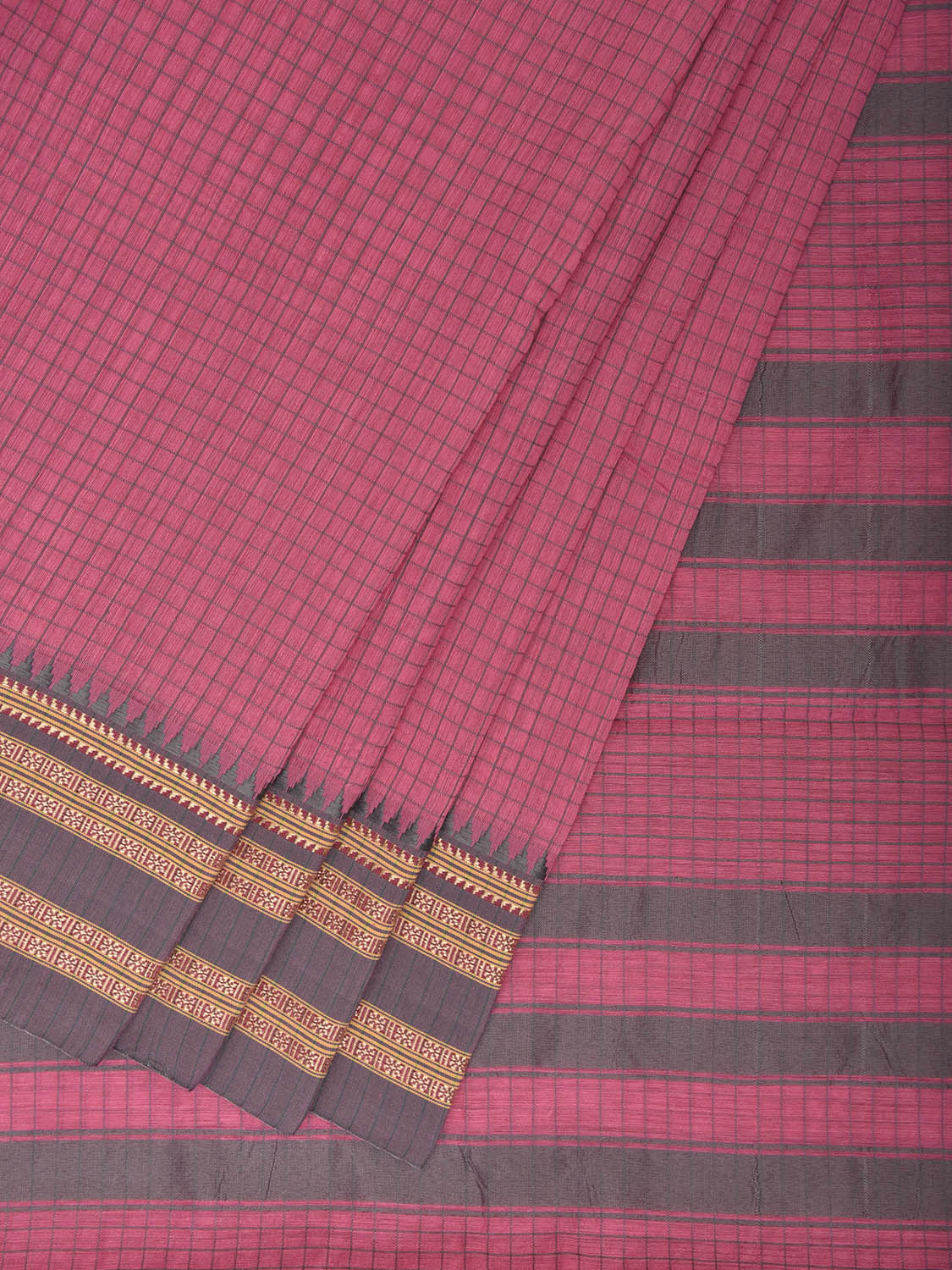 Pink and Grey Bamboo Cotton Saree with Checks Design No Blouse bc1004