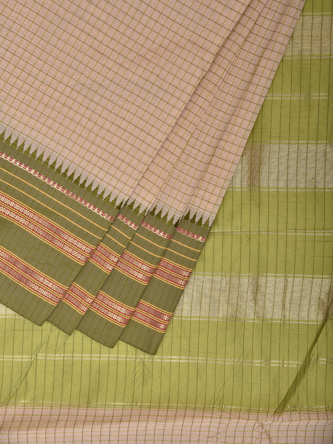 Cream and Green Bamboo Cotton Saree with Checks Design No Blouse bc1005